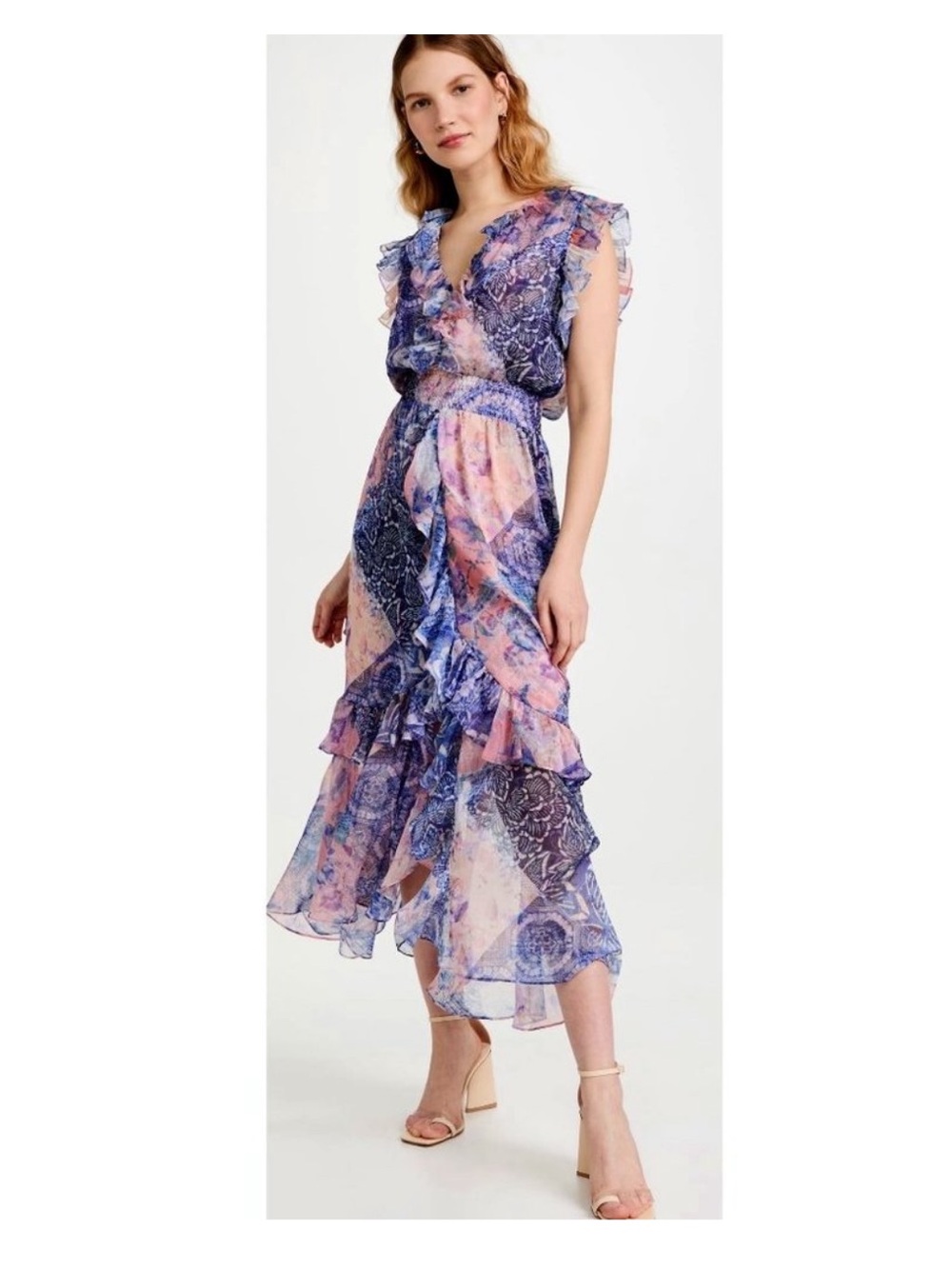 Misa Los Angeles Lavender Blue and Pink Floral Ruffle Midi Dress